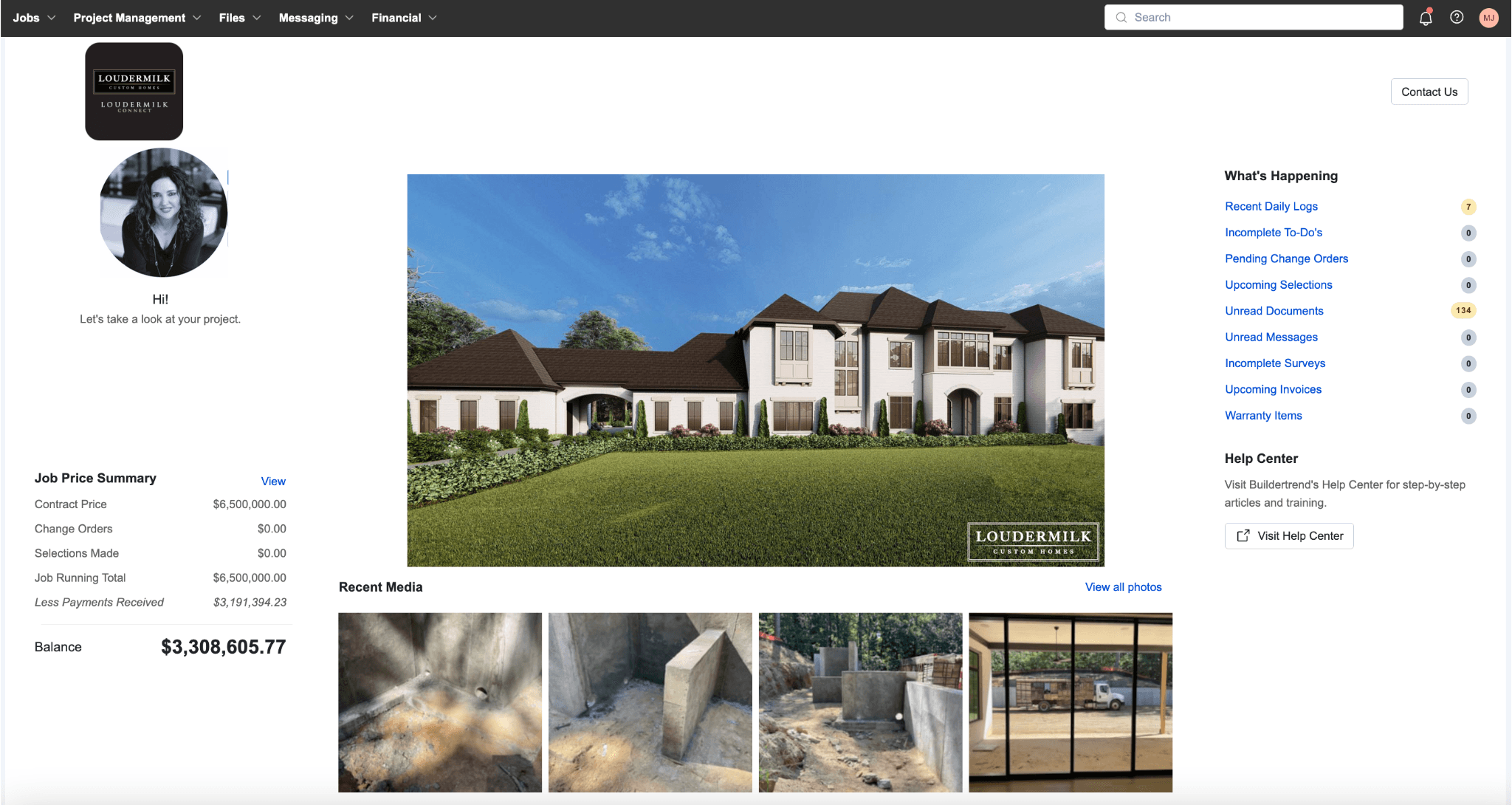 Loudermilk Connect app showing a project schedule, budget, and photo feed.